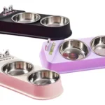Plato doble para mascotas con platos de acero - Mascota Club Chile