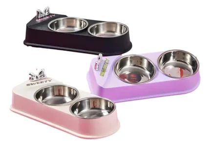 Plato doble para mascotas con platos de acero - Mascota Club Chile