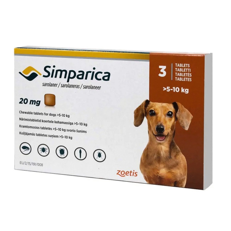SIMPARICA 20mg 3 COMPRIMIDOS 5 a 10KG - Mascota Club Chile