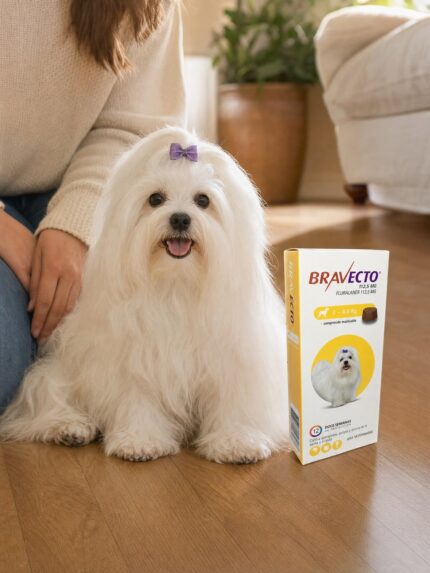 Perro Maltés blanco junto al envase original de Antiparasitario Bravecto 112,5 mg para perros de 2 a 4,5 kg en una sala iluminada.
