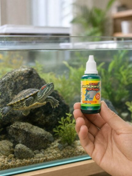 Botella de Super anticloro pez-tortuga s.p sostenida junto a un acuario con una tortuga acuática nadando entre plantas y rocas.