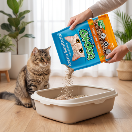 Arena ecologica de gato top k9 2kg variedades con mascota usando el producto