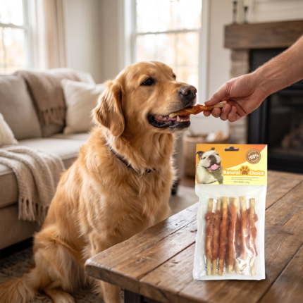 Snack hueso pollo 100gr para perros con mascota usando el producto