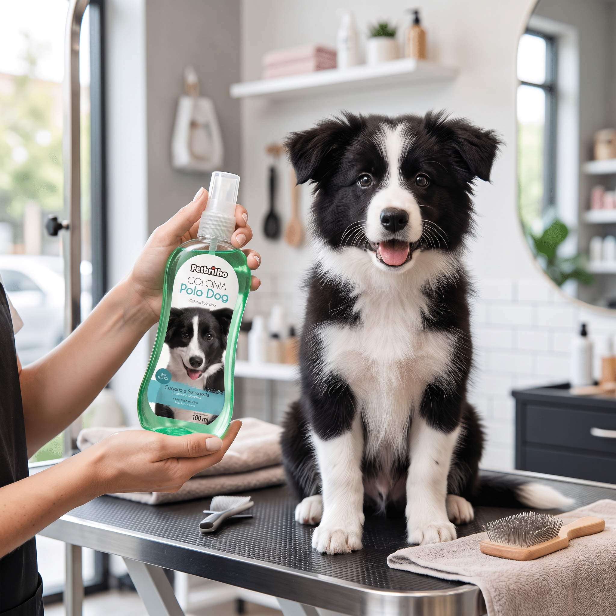 Colonia Pet Brilho con mascota usando el producto