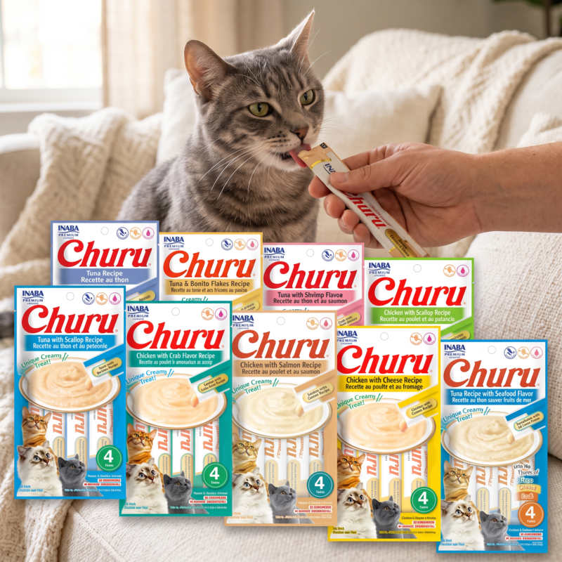 Churu sabores surtido 4un gato con mascota usando el producto